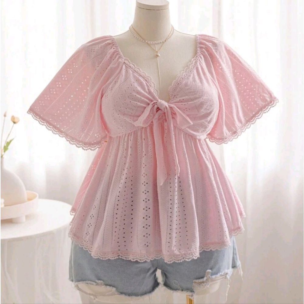NWOT Shein Twisted Tie-Front Flounce Sleeve Top – Pink 1X